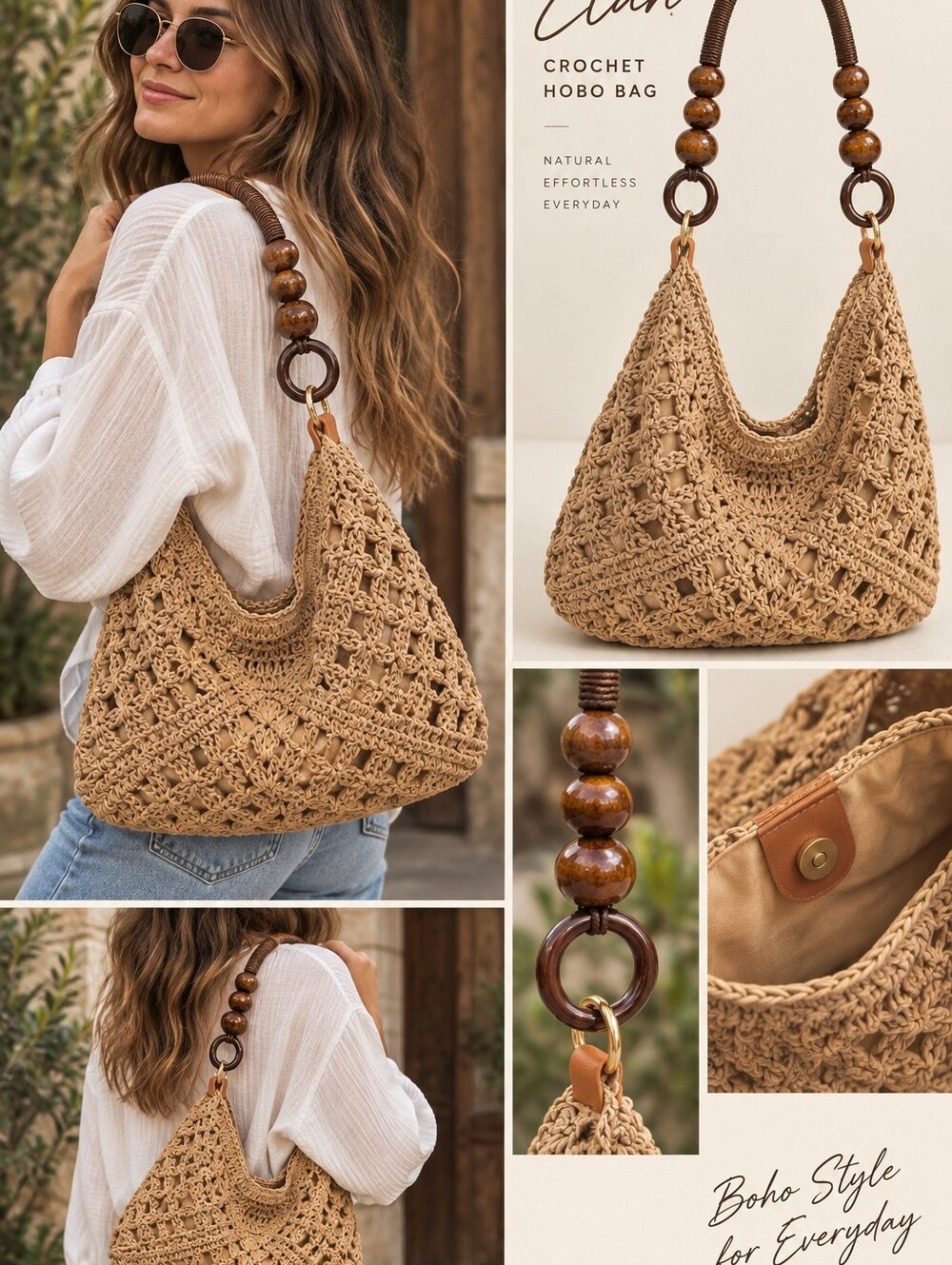 Elan Beige Crochet Hobo Bag